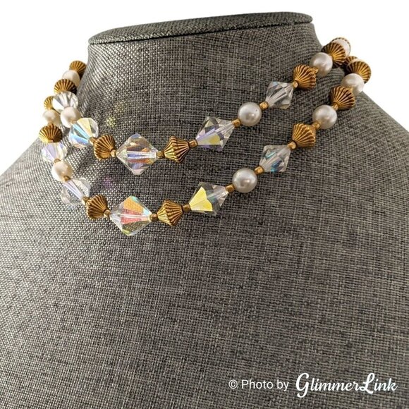 VTG Double Strand AB Aurora Borealis Bicone Bead Faux Pearl Gold Tone Necklace - Picture 5 of 10